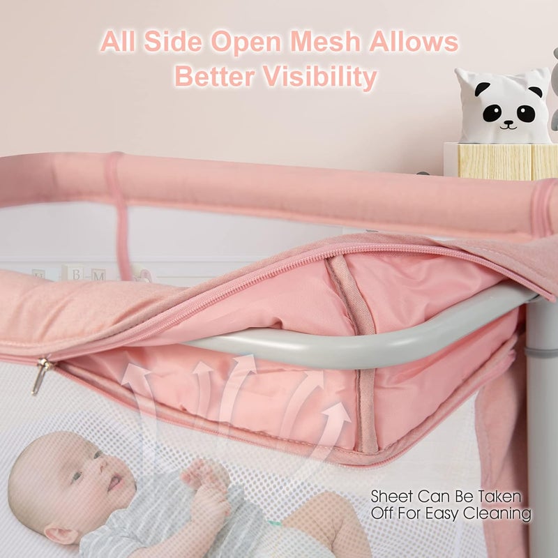 INFANS 3 in 1 Baby Bassinet, Bedside Sleeper for Newborn, Folding Crib with Mattress, Travel Bag, Wheels, 4-Sided Mesh, Easy to Assemble Cradle Co Sleeper Stationary, Rock (Pink) - Image 5